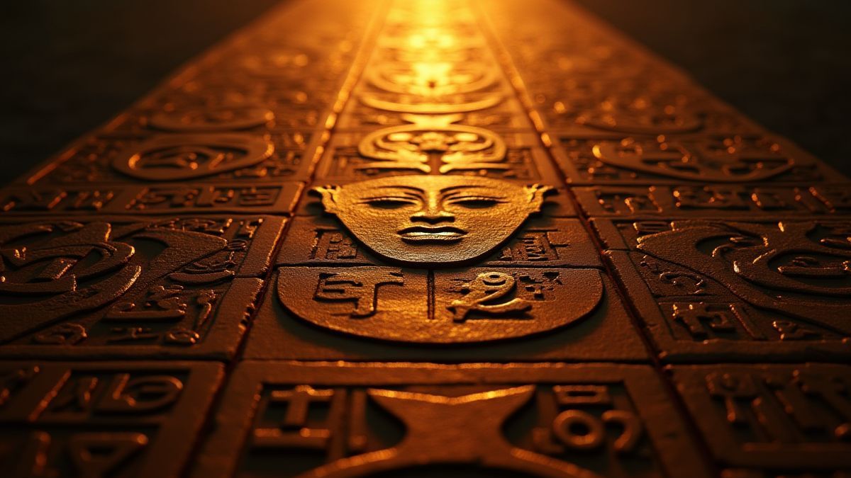 Hieróglifos egípcios brilhando com luz misteriosa.