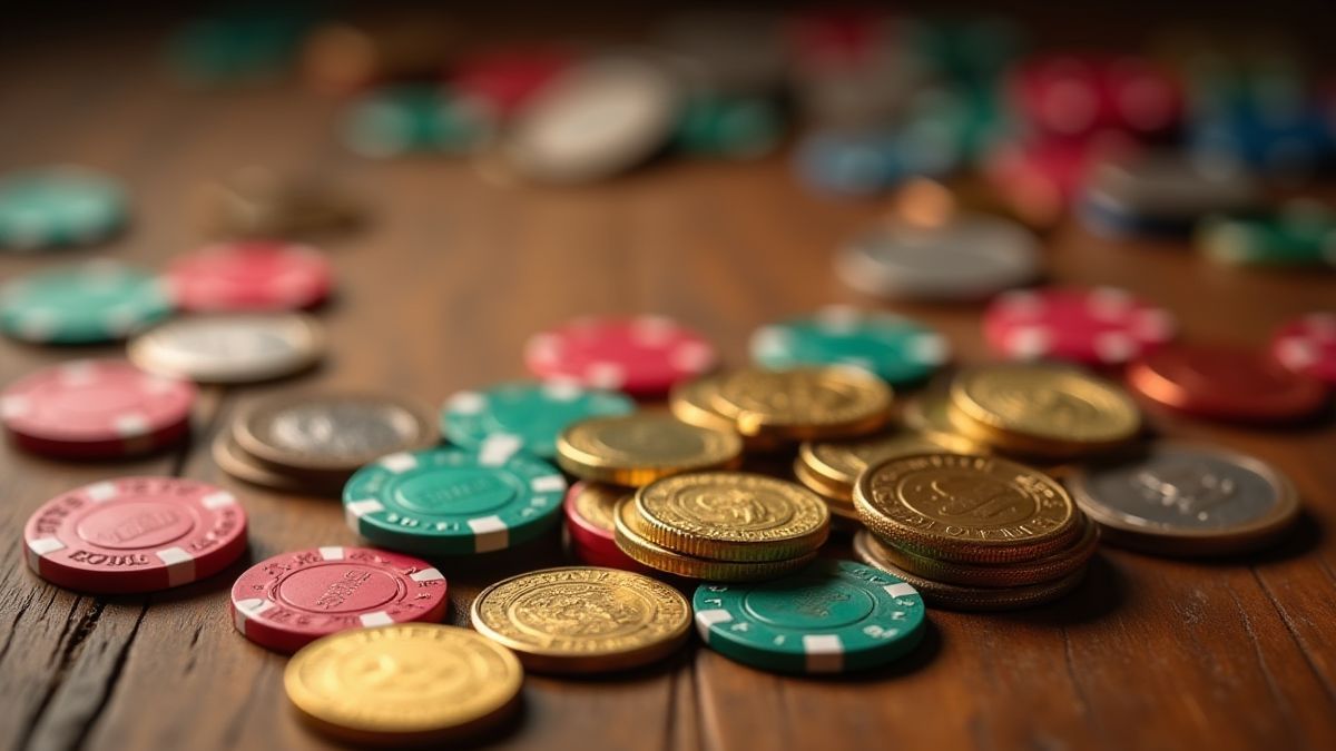 Moedas e fichas de aposta sobre uma mesa de madeira.