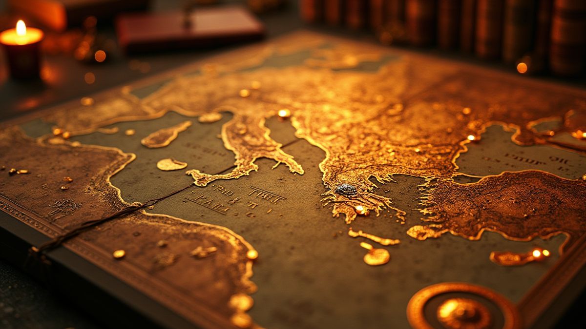 Alter griechischer Karte mit goldenen Symbolen und Büchern