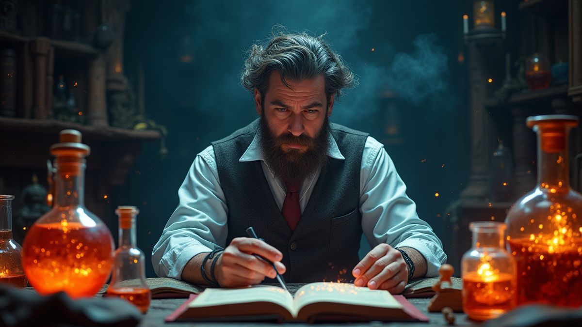 Um alquimista rodeado de poções mágicas e manuscritos antigos.