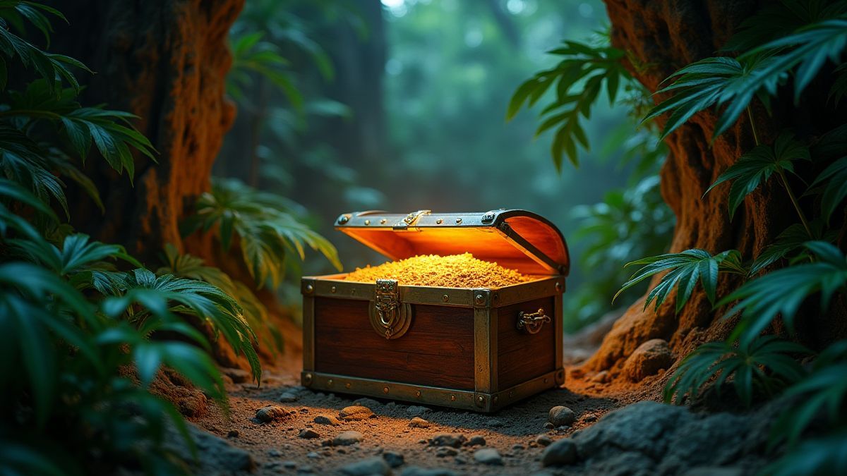 A treasure chest surrounded by glowing plants inside an ancient temple.