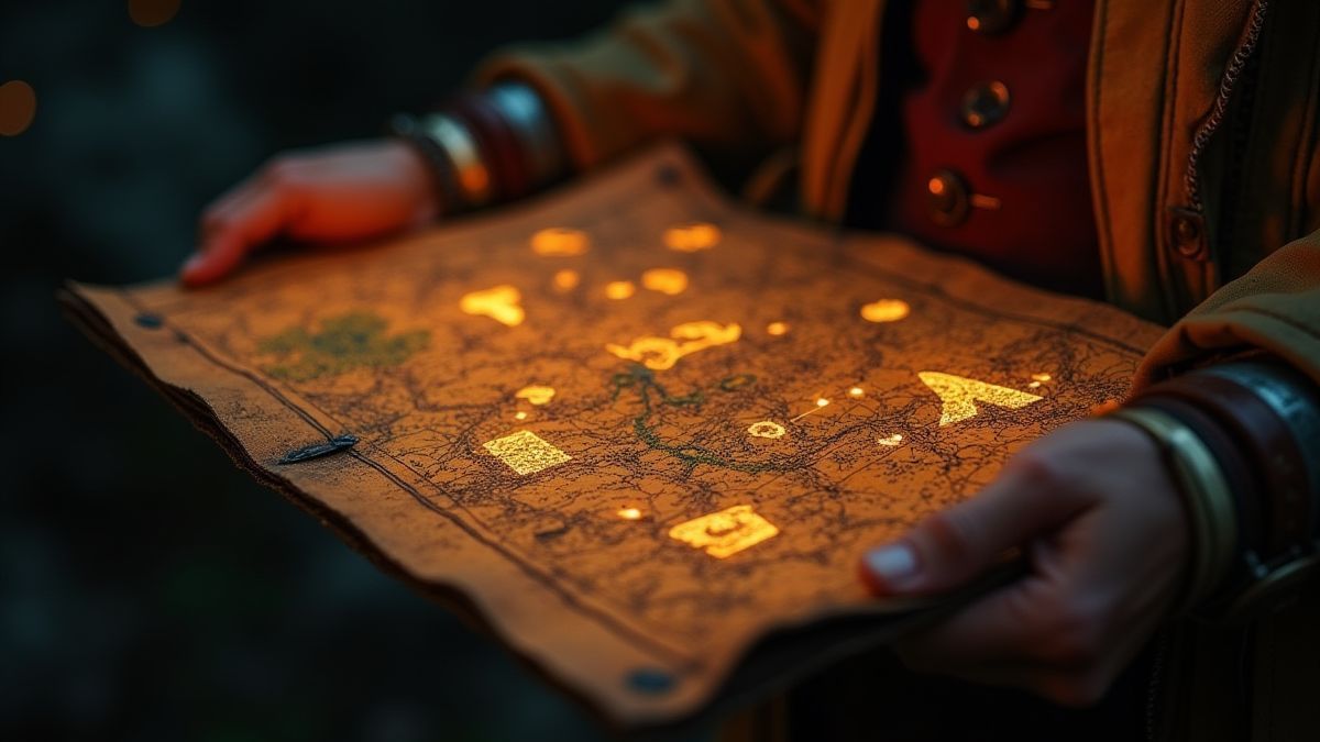 An explorer holding an ancient map with glowing symbols.