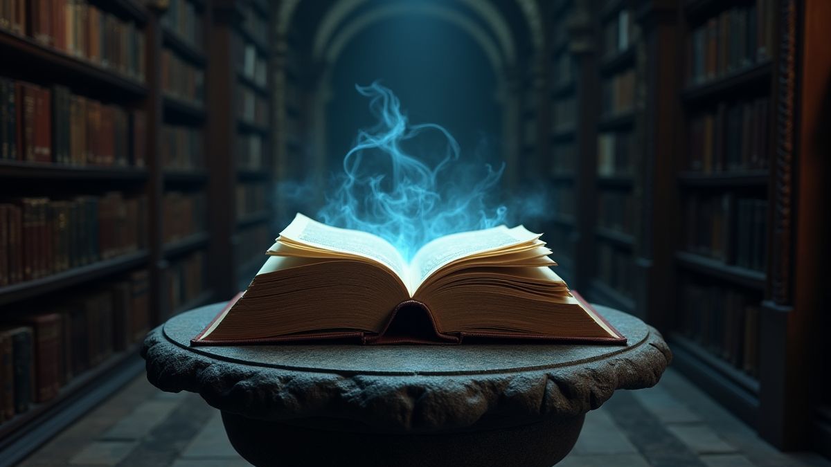 A glowing book on a stone pedestal inside an ancient library.