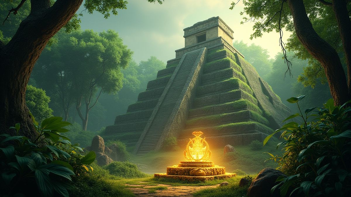 Templo azteca rodeado de jungla y un artefacto dorado brillante.