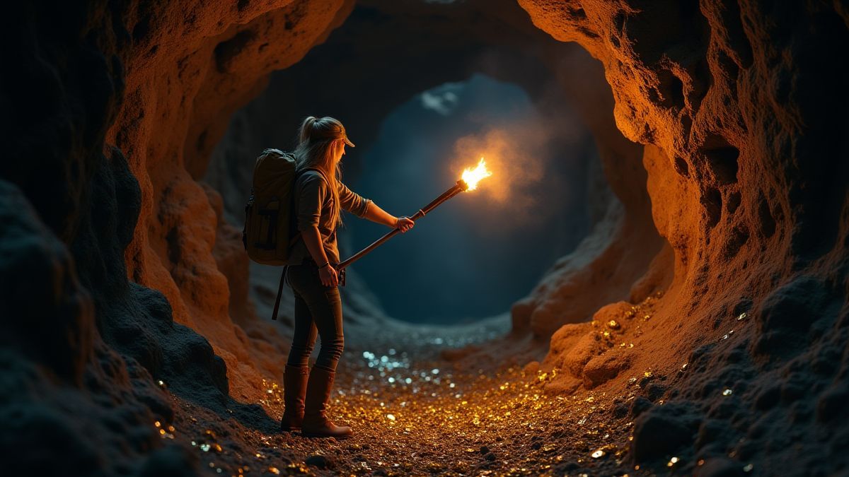 Exploradora con una antorcha en una cueva llena de tesoros dorados.