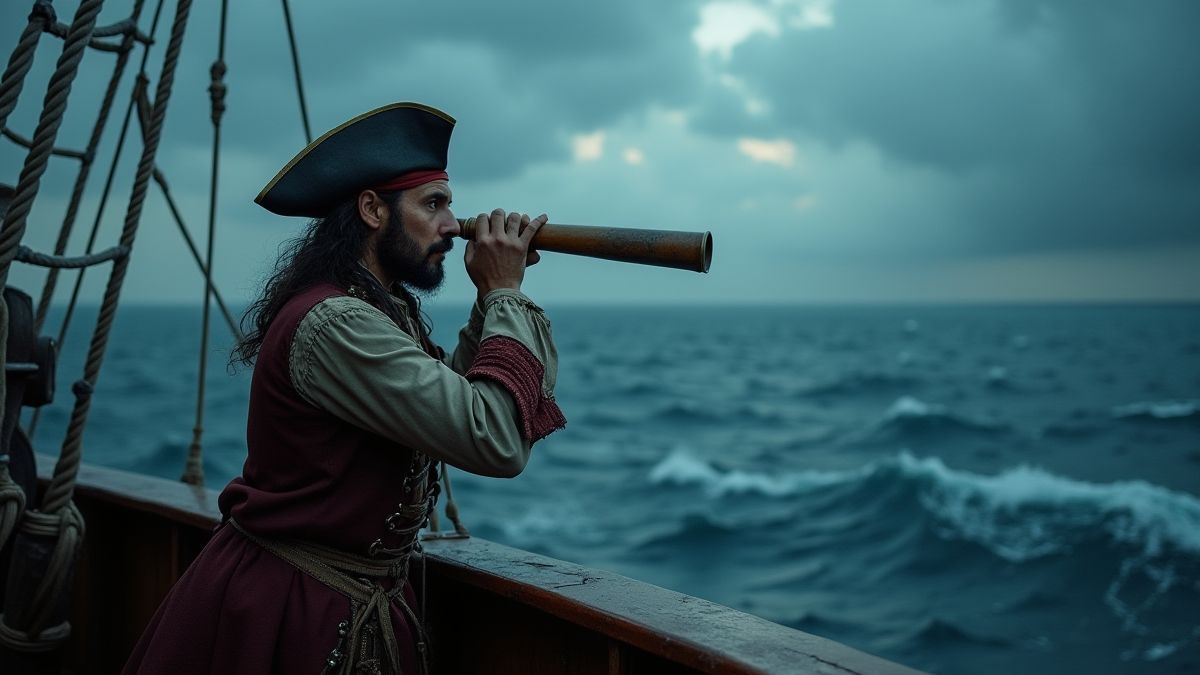Capitán pirata mirando por un telescopio en medio del océano.