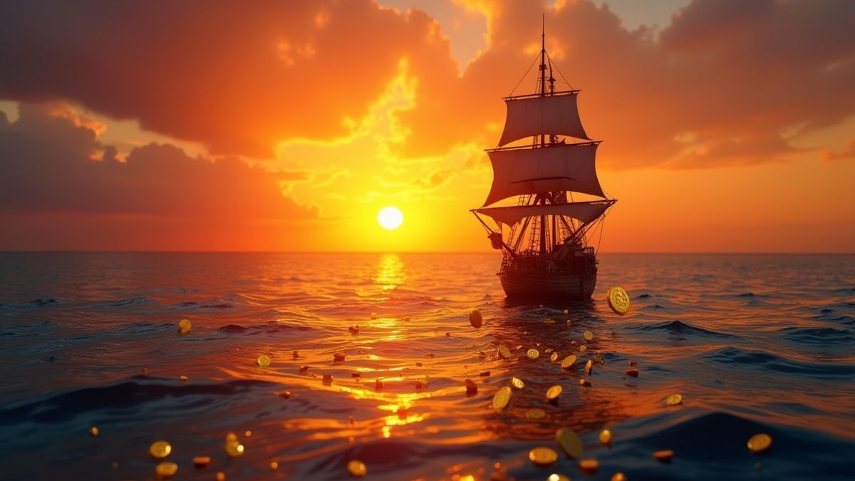 Atardecer con un barco pirata y monedas en el agua.