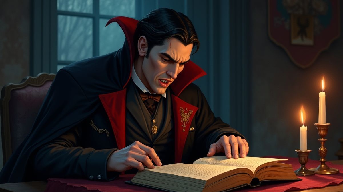 Vampire lisant un livre ancien à la lumière des bougies.