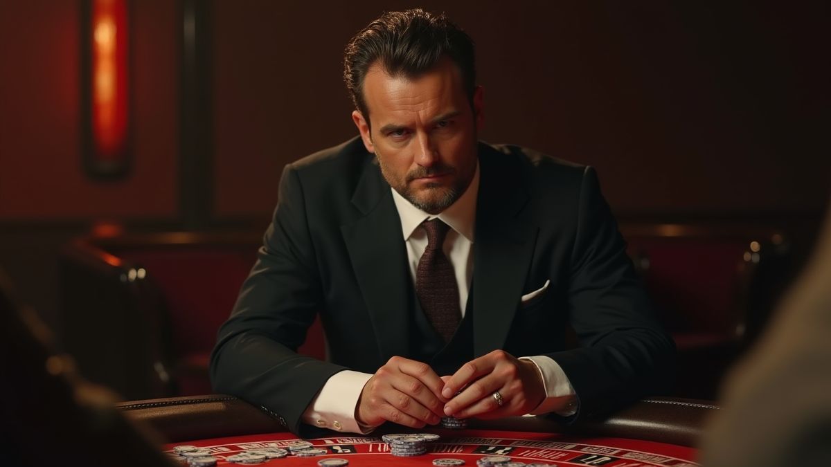 Ein Gangster im Anzug, der Karten an einem Casinotisch spielt.