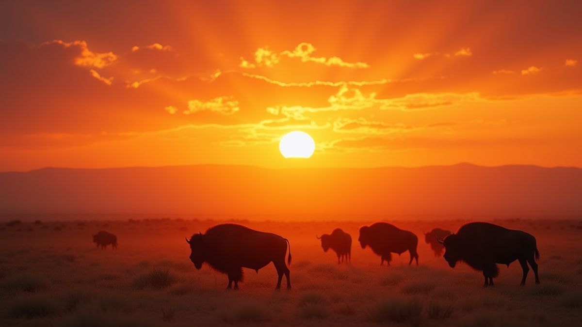 Eine Herde von Büffeln grast unter einem Sonnenuntergang in der Wüste.