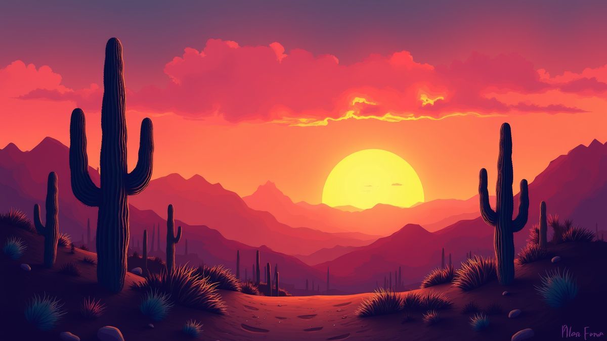 Eine Wüstenlandschaft mit Kakteen und einem beeindruckenden Sonnenuntergang.