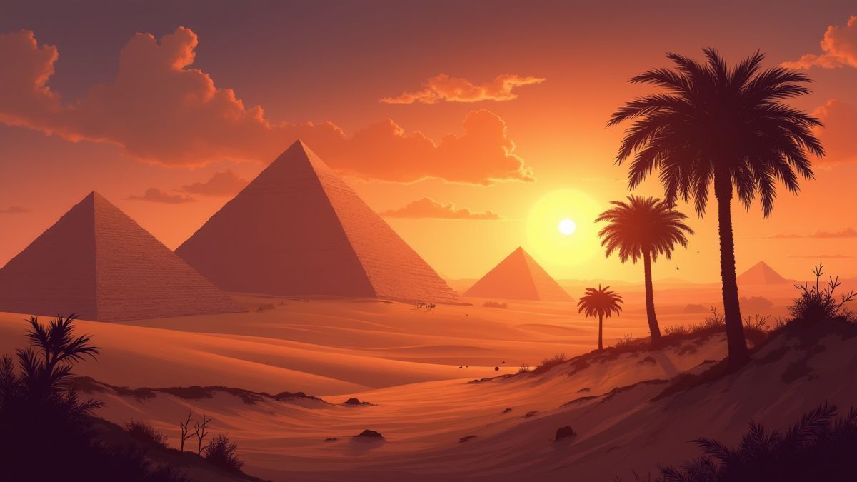 Egyptian desert landscape with pyramids under a dusky sky