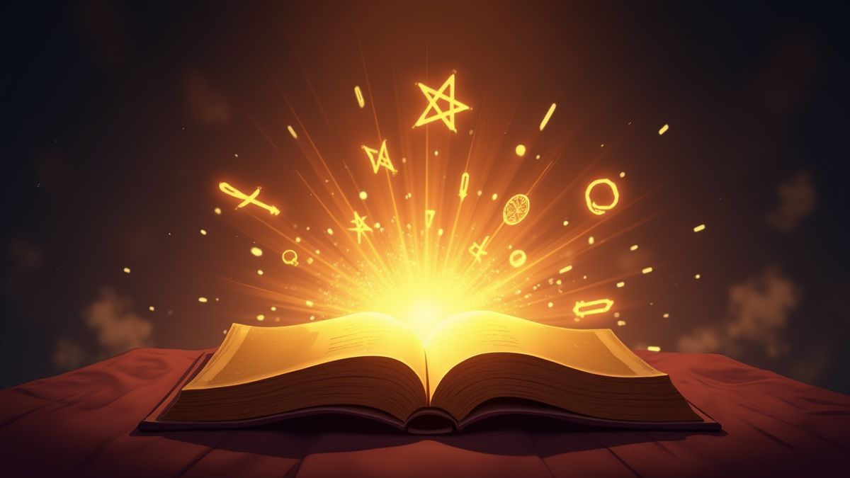 Golden book surrounded by glowing symbols and mystical energy