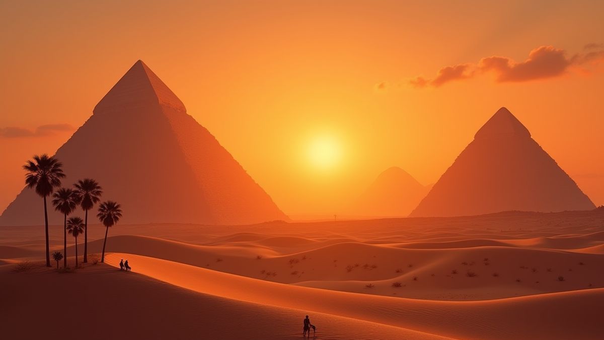 Een Egyptische woestijn bij zonsondergang met piramides en palmbomen.