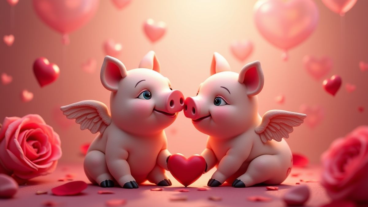 Entorno romántico con Cupigs, rosas y corazones flotantes.
