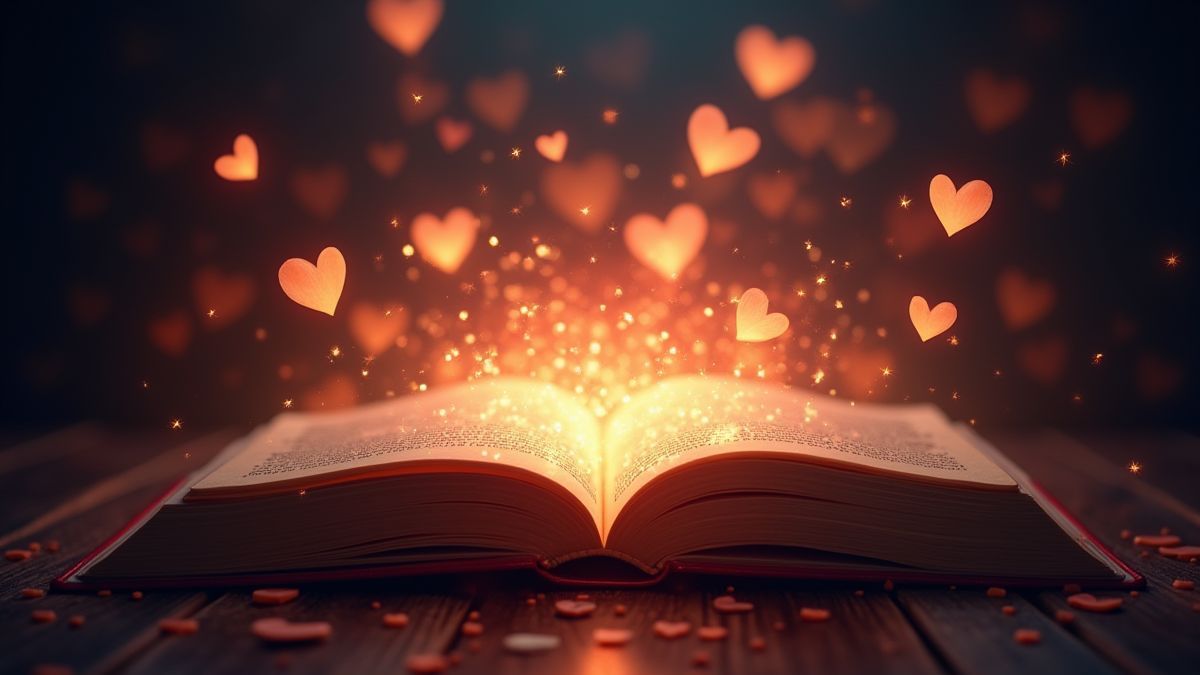 Un libro mágico rodeado de corazones flotantes.