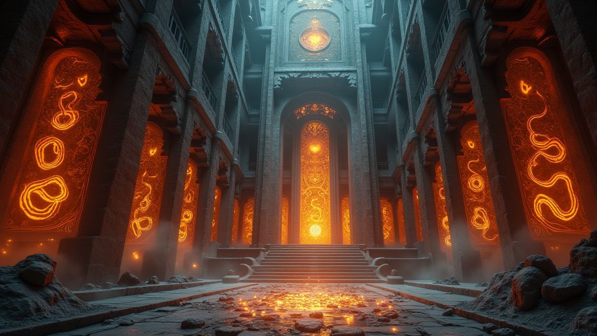 Um templo místico com padrões de serpentes brilhantes e símbolos mágicos flutuando no ar.