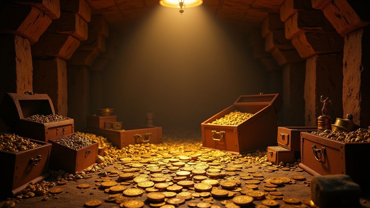 Una sala del tesoro llena de monedas de oro y artefactos bajo una luz brillante.