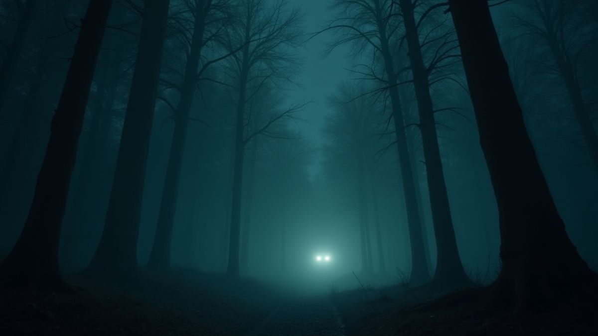 Düsterer Wald mit leuchtenden Augen und Nebel