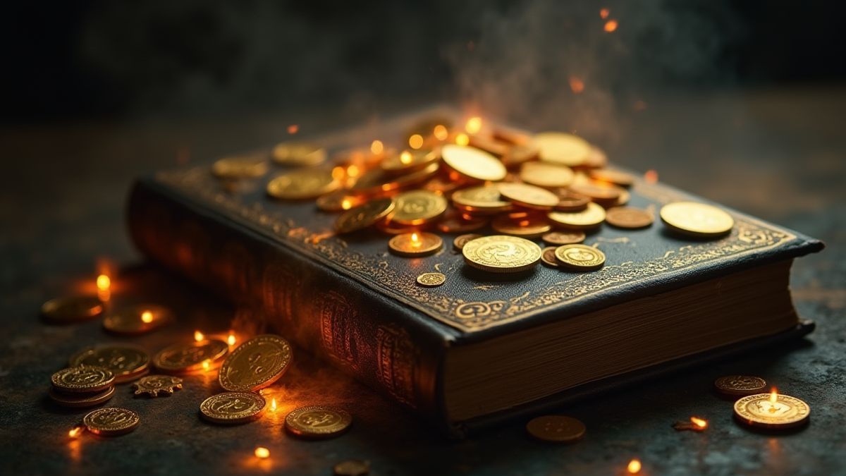 Goldmünzen auf einem verfluchten Buch mit leuchtenden Runen