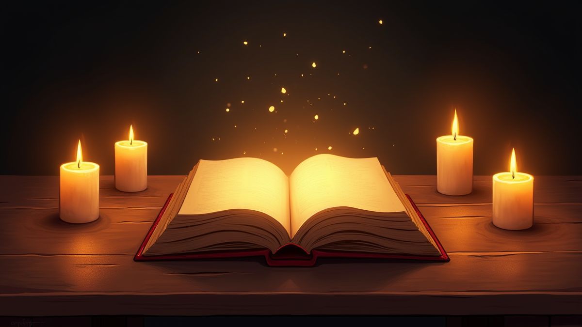 Leuchtendes Buch auf einem Holztisch umgeben von Kerzen