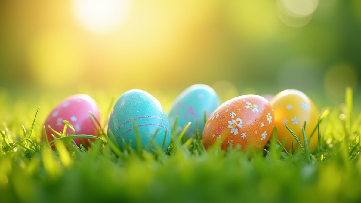 Des œufs de Pâques peints à la main sur de l'herbe verte sous la lumière du soleil.