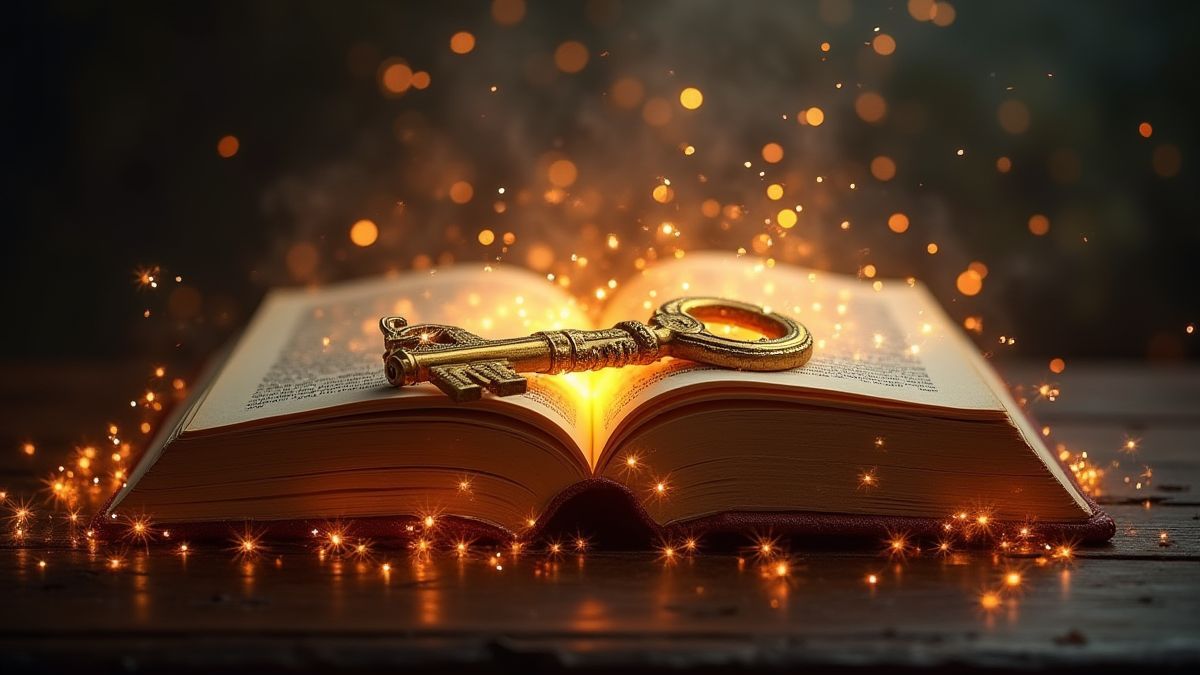 Clés dorées sur un livre magique entouré de scintillements.