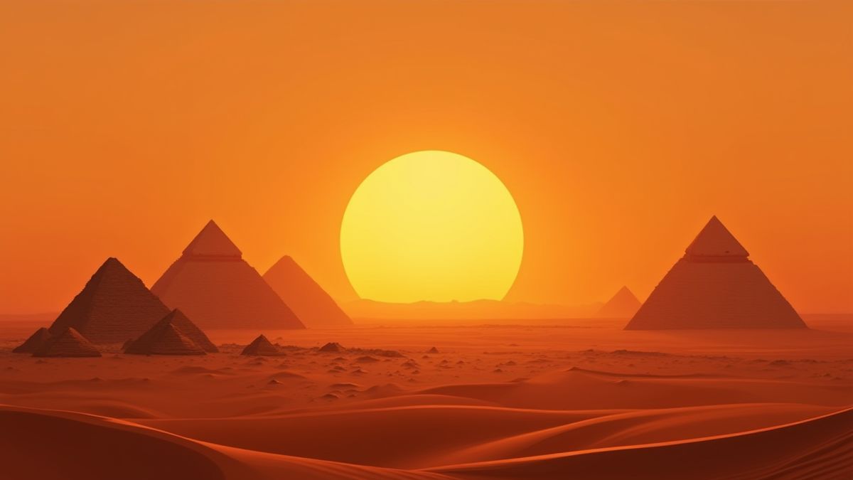 Un desierto extenso con pirámides en la distancia y un sol resplandeciente al atardecer.