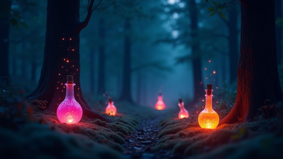 Pociones brillantes en um bosque encantado oscuro com destellos.