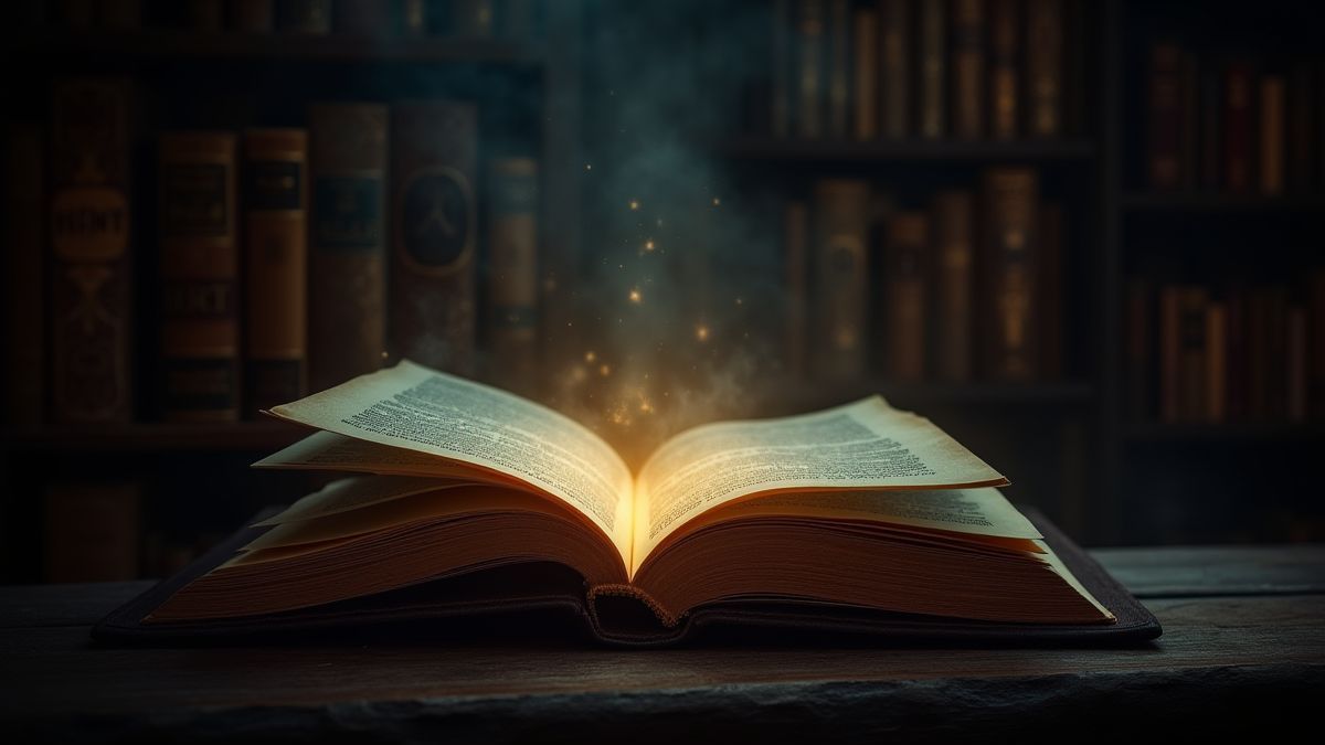 Livro místico brilhando em uma biblioteca mágica escura.
