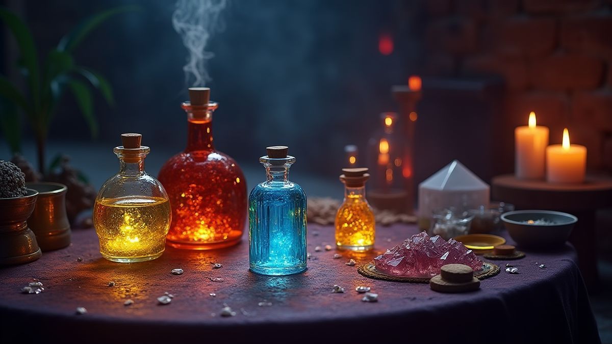 Mesa mágica com elixires, cristais brilhantes e ingredientes para feitiços.