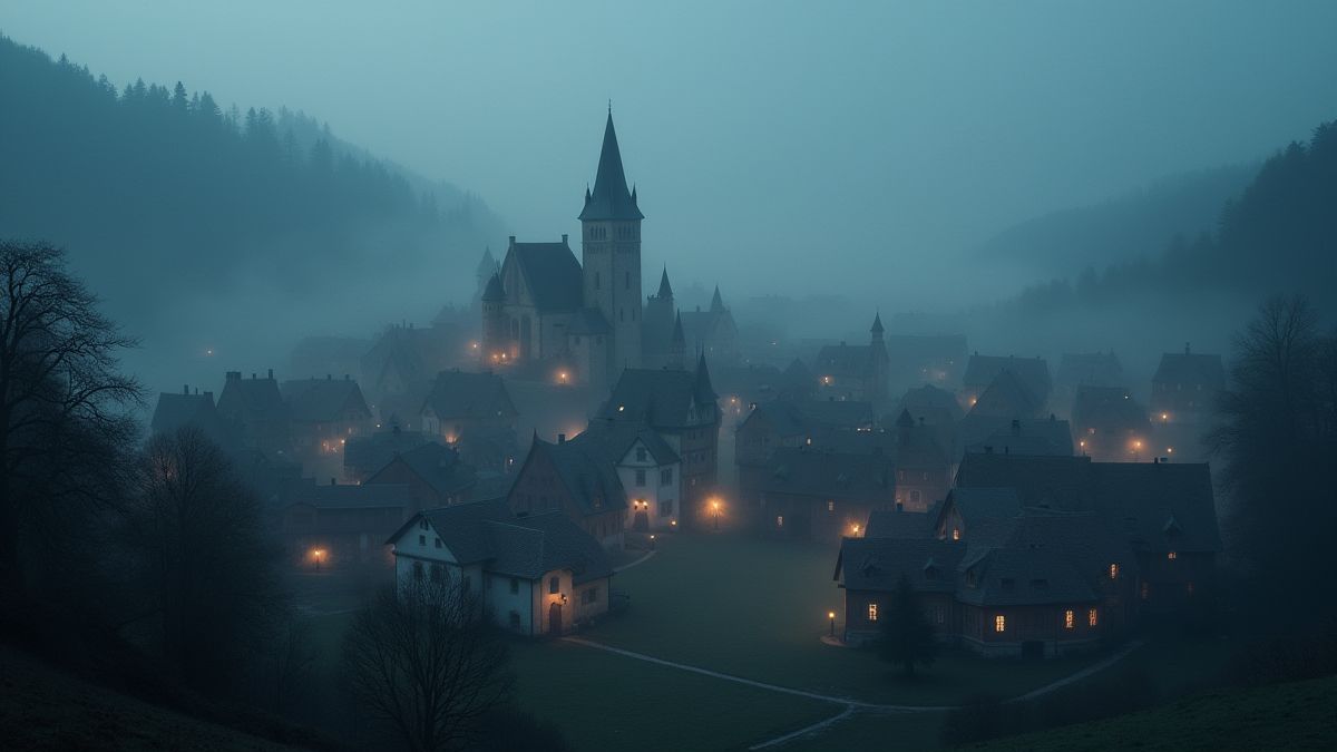Un pueblo medieval con luces brillantes y niebla.