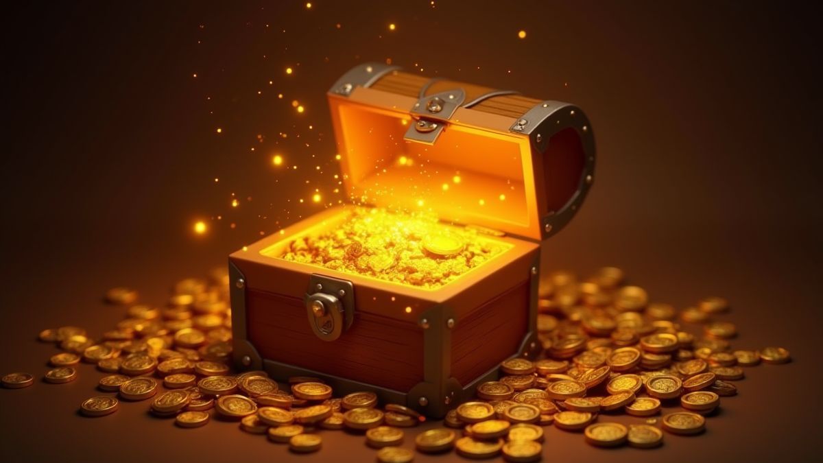 Cofres del tesoro brillantes rodeados de monedas de oro.