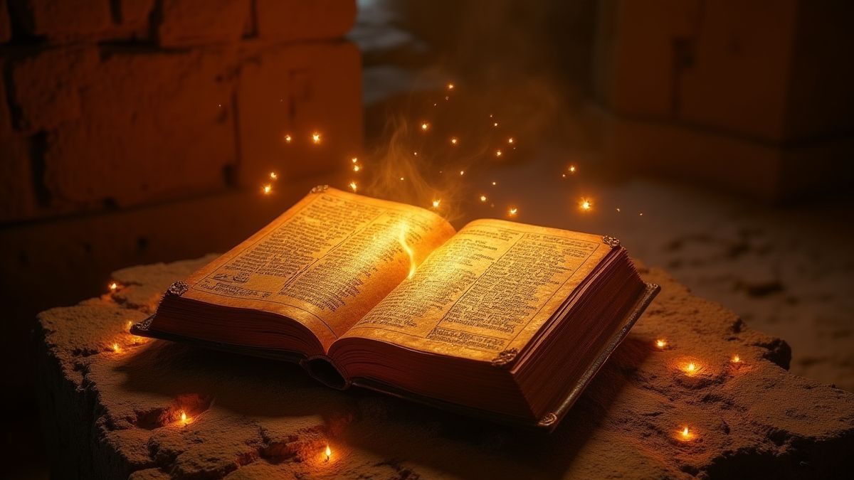 Um livro antigo rodeado de luzes místicas em uma tumba egípcia.