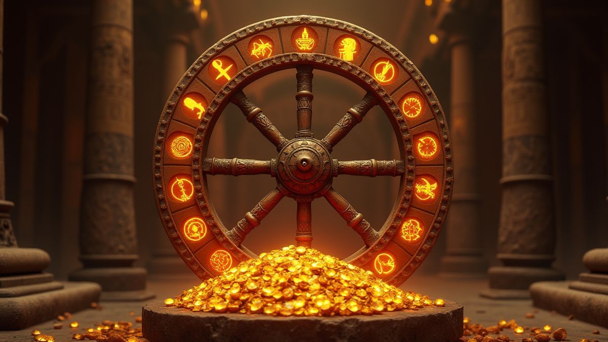 Roda egípcia antiga com símbolos brilhantes e tesouros.