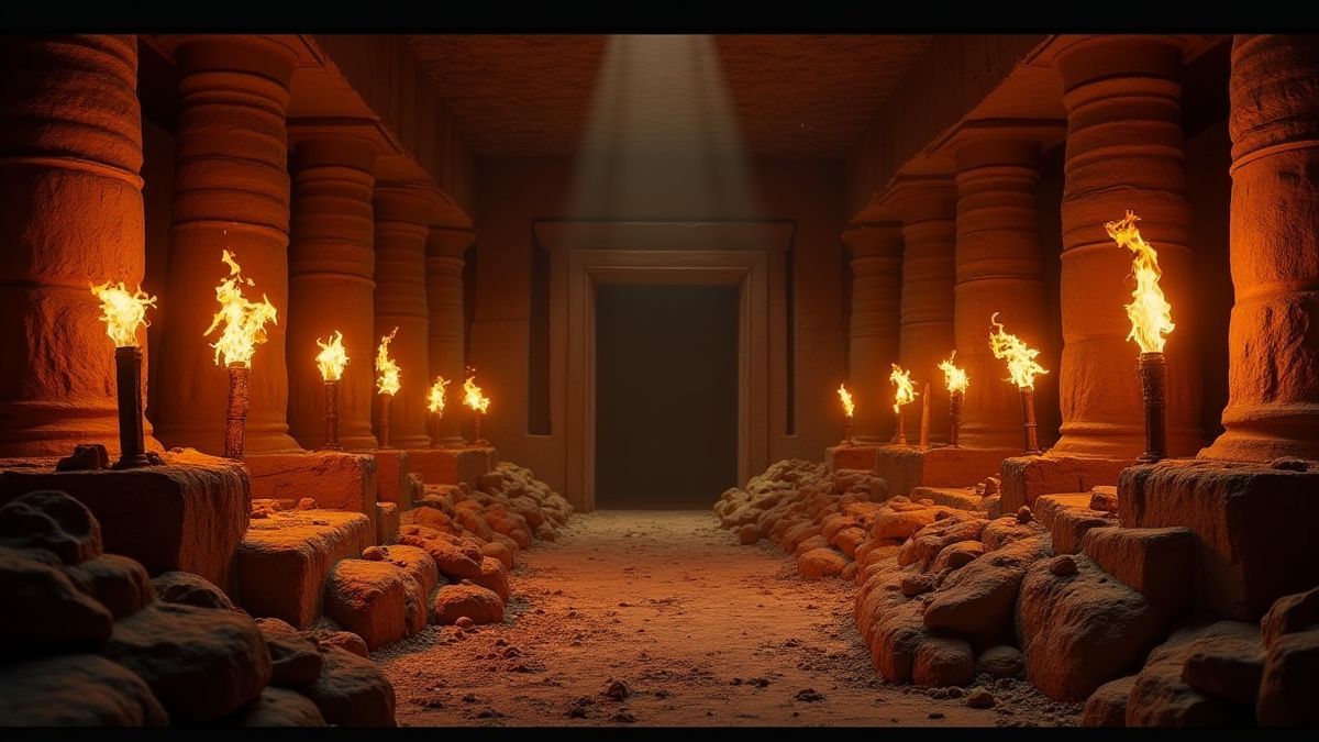 Tumba egípcia mística iluminada por tochas e cheia de tesouros.