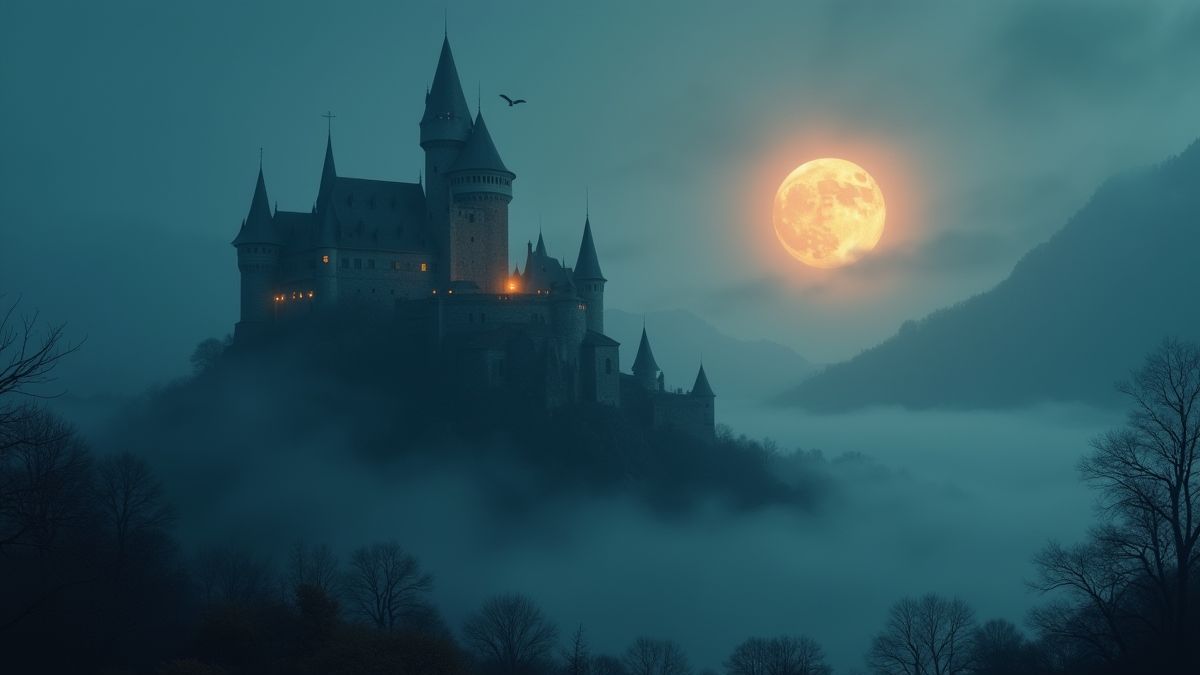 Ein antikes Schloss umgeben von Nebel und einem leuchtenden Mond