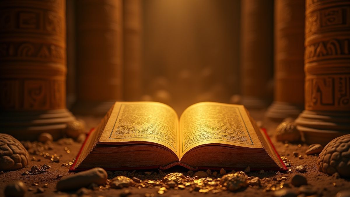 Gouden boek in een Egyptische tempel omringd door schatten