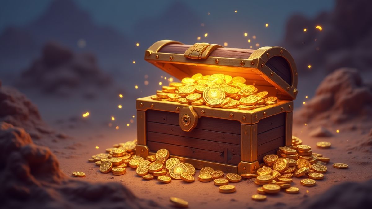 Stralende schatkist vol met gouden munten en juwelen