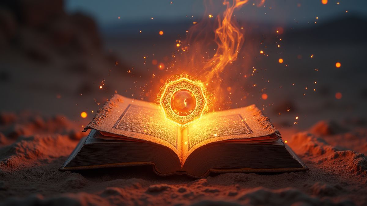 Libro mágico con símbolos antiguos rodeado de energía mística.