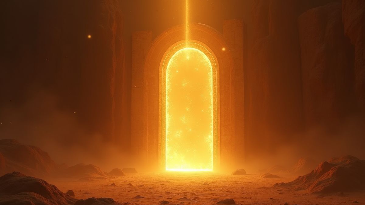 Portal místico brillando en un templo del desierto.