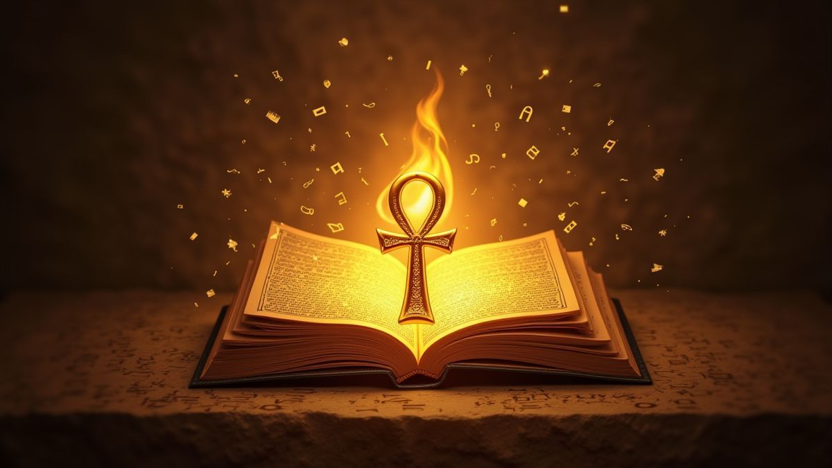 Golden ankh symbol with a mystical book surrounded by Egyptian hieroglyphs.