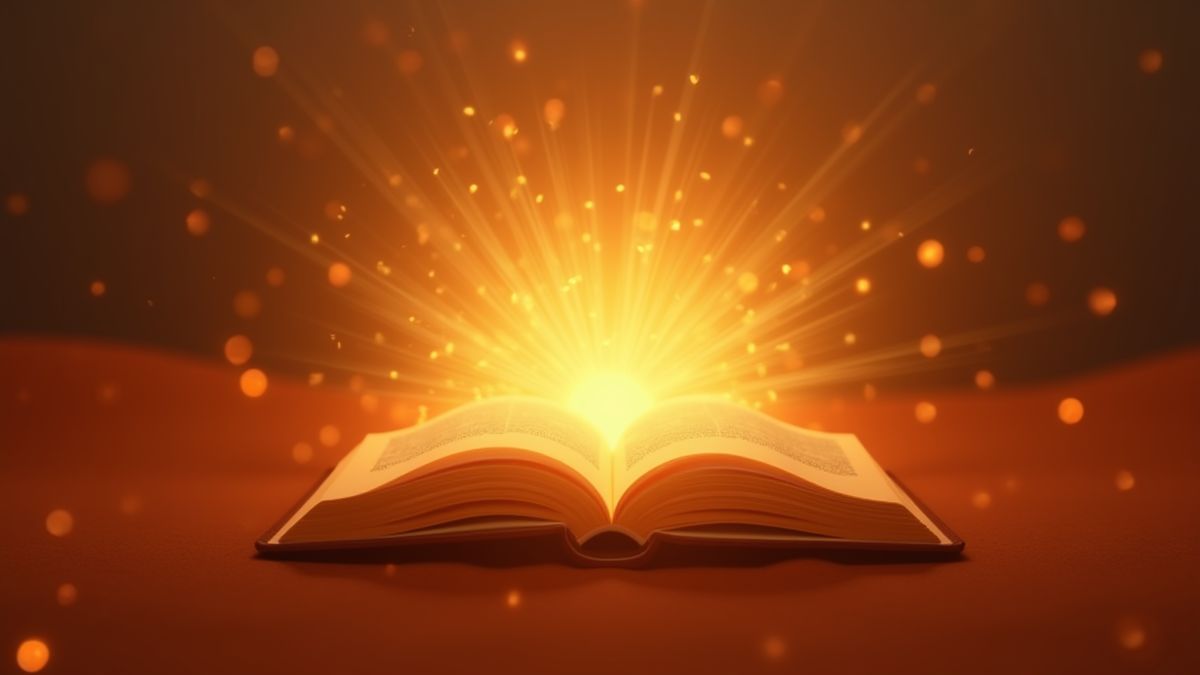 Shining golden book with rays of light on a desert background.
