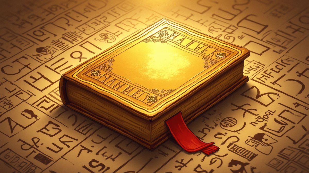 Livro dourado rodeado de hieróglifos egípcios.