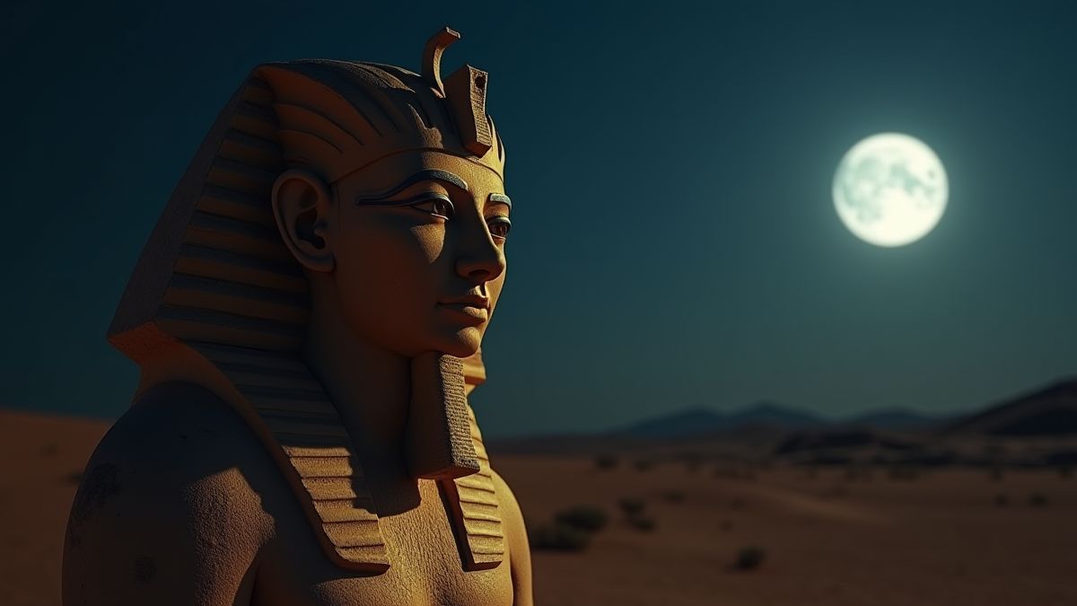 Eine Statue eines ägyptischen Pharaos, die im Licht des Mondes leuchtet.