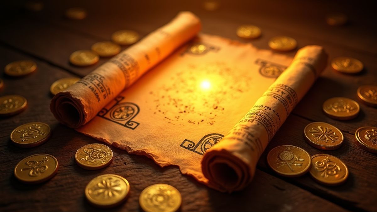 Ein antikes Pergament umgeben von goldenen Münzen und mystischen Symbolen.