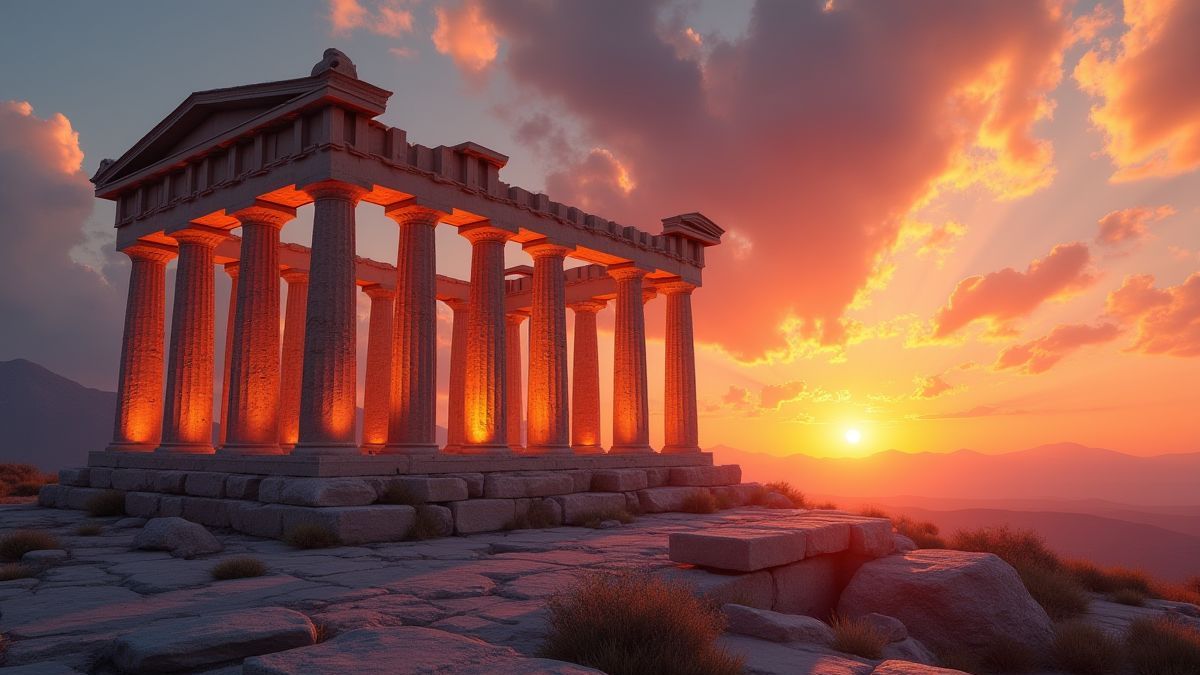 Um templo grego antigo com colunas brilhantes sob um pôr do sol.