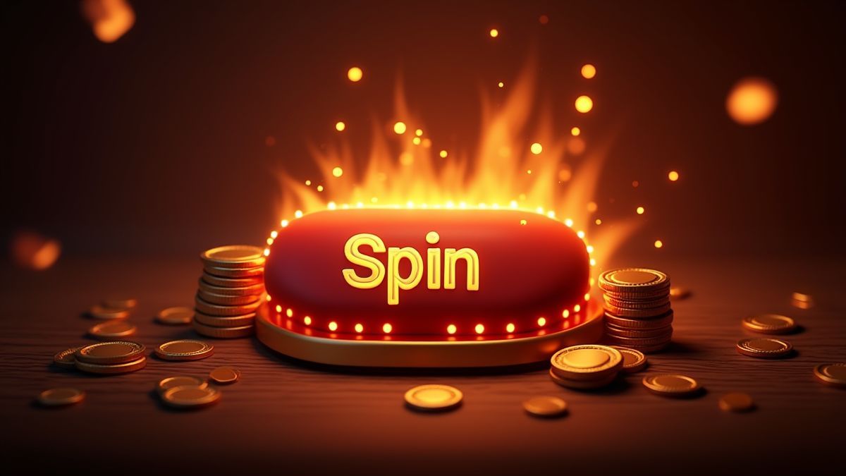 Moedas e um botão brilhante etiquetado como 'Girar' com acentos de fogo.
