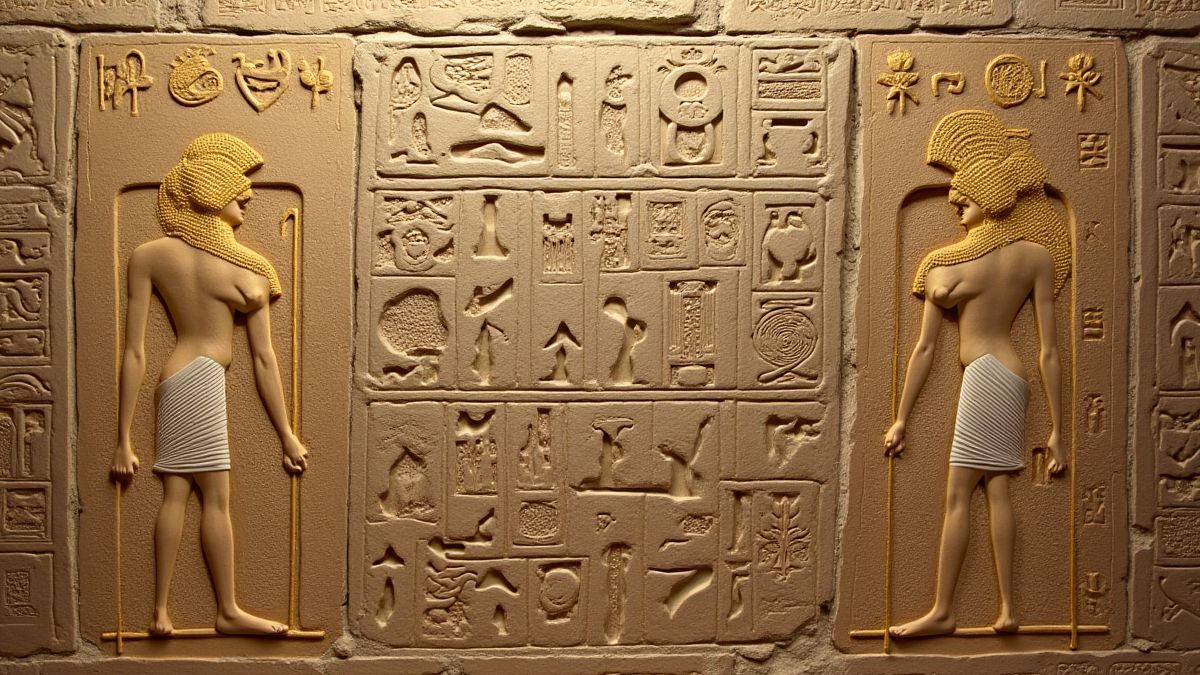 Jeroglíficos egípcios talhados em paredes de pedra com detalhes dourados.