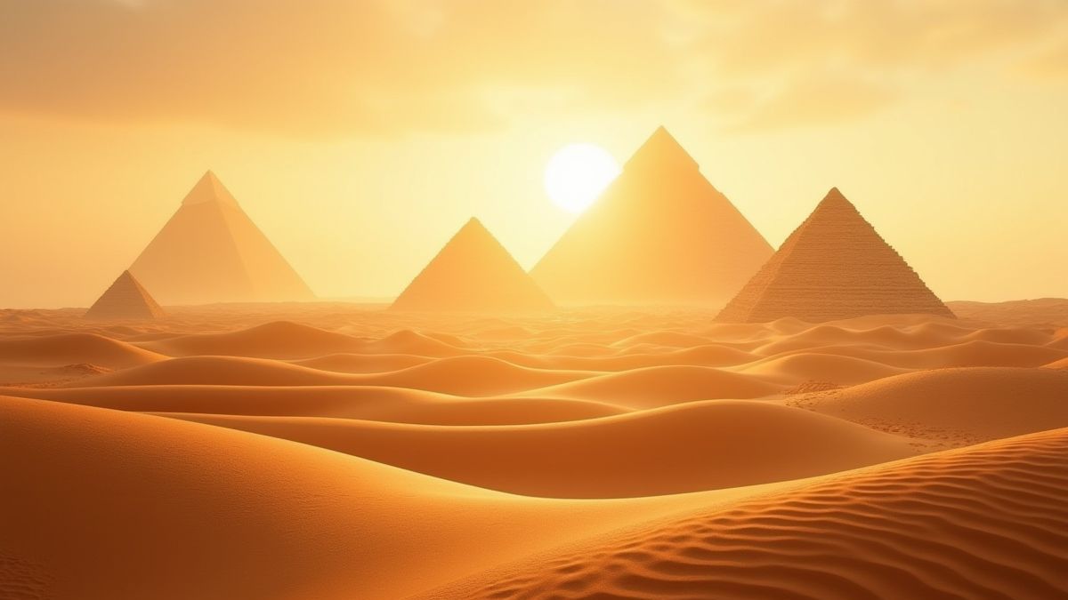 Paisagem desértica com pirâmides e luz dourada.